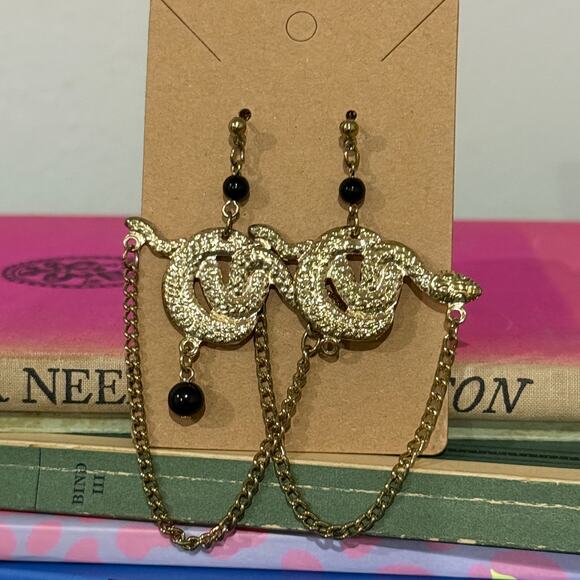 Gold Snake Statement Earrings Black Beads Asymmetrical Pair Gothic Y2K Jewelry - Picture 1 of 7